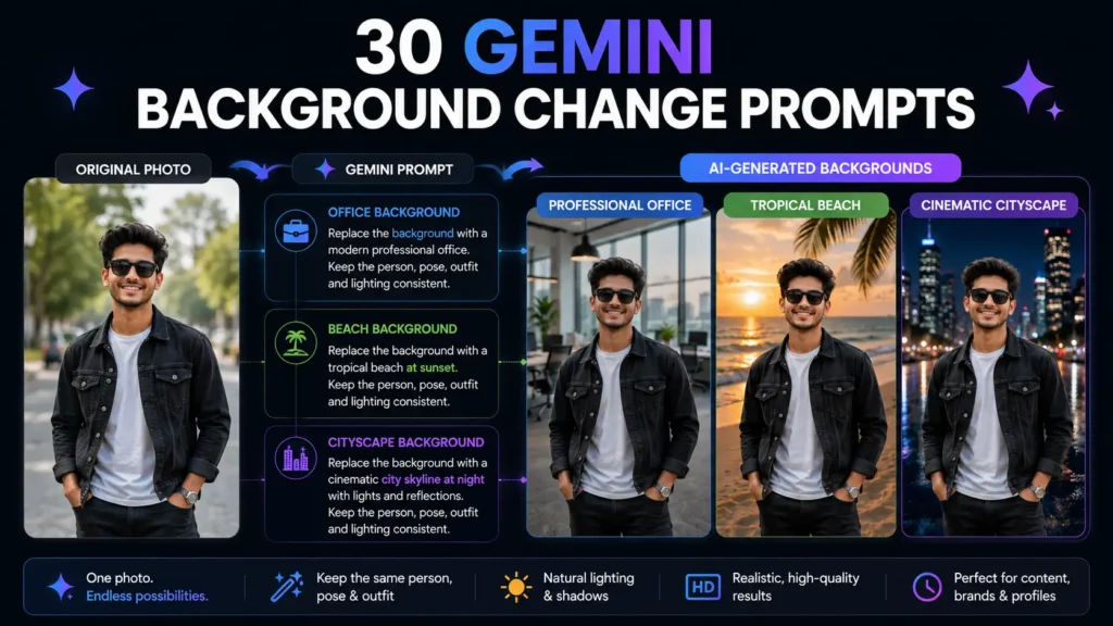 Gemini AI photo background change prompt examples showing different realistic backgrounds