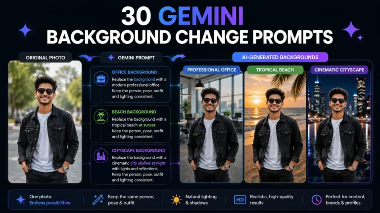 Gemini AI photo background change prompt examples showing different realistic backgrounds