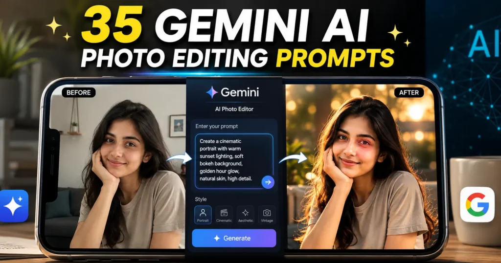 Google Gemini AI photo editing prompts transforming an ordinary portrait into an edited image