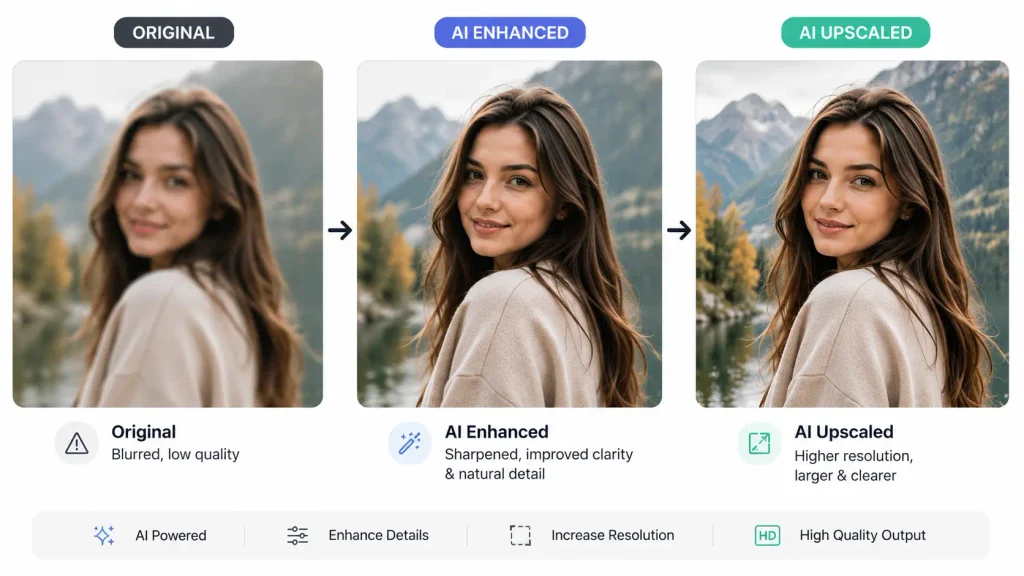 Original image compared with AI enhanced and AI upscaled versions